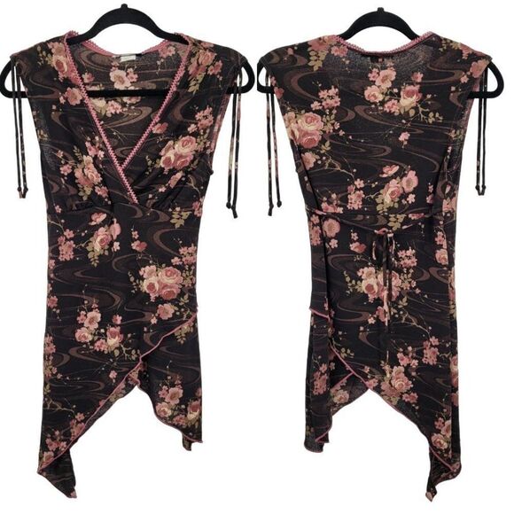 Vintage 90's Mesh Tie Back Asymmetrical Sleeveless Top M Brown Floral Stretch - Picture 1 of 13